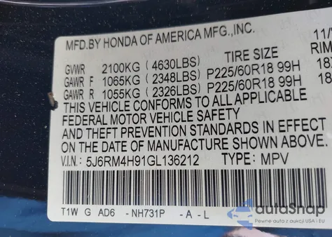 2016 Honda Cr-V Touring из США, поврежденный, VIN 5J6RM4H91GL136212